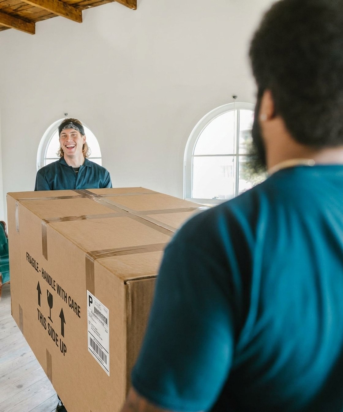 Two delivery crew members carrying a large box marked fragile, handle with care into a bright, empty room.